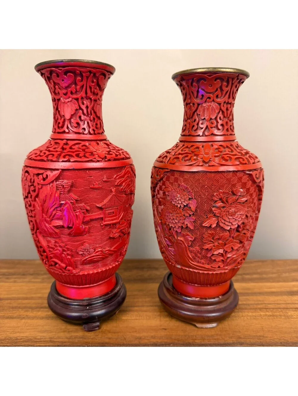 Pair of Antique Red Cinnabar Carved Vases with Wooden Stands